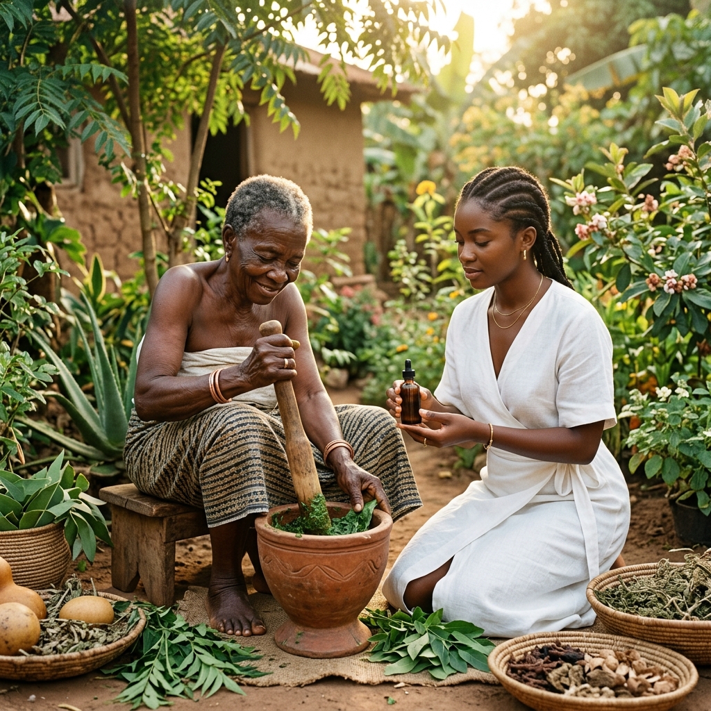 Generations of African women sharing botanical skincare knowledge — grandmother grinding herbs with mortar and pestle