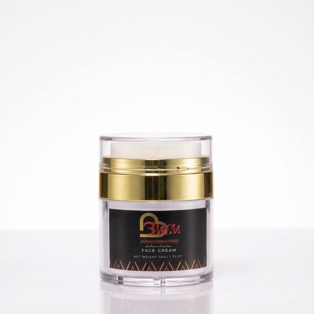 Busu Face Cream jar with gold band and botanical branding